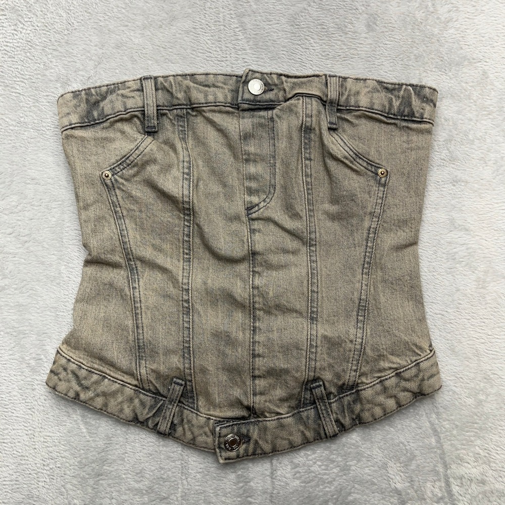 Zara Denim Corset Tube Jean Bustier Washed Grey XS Grunge Punk Back Zipper